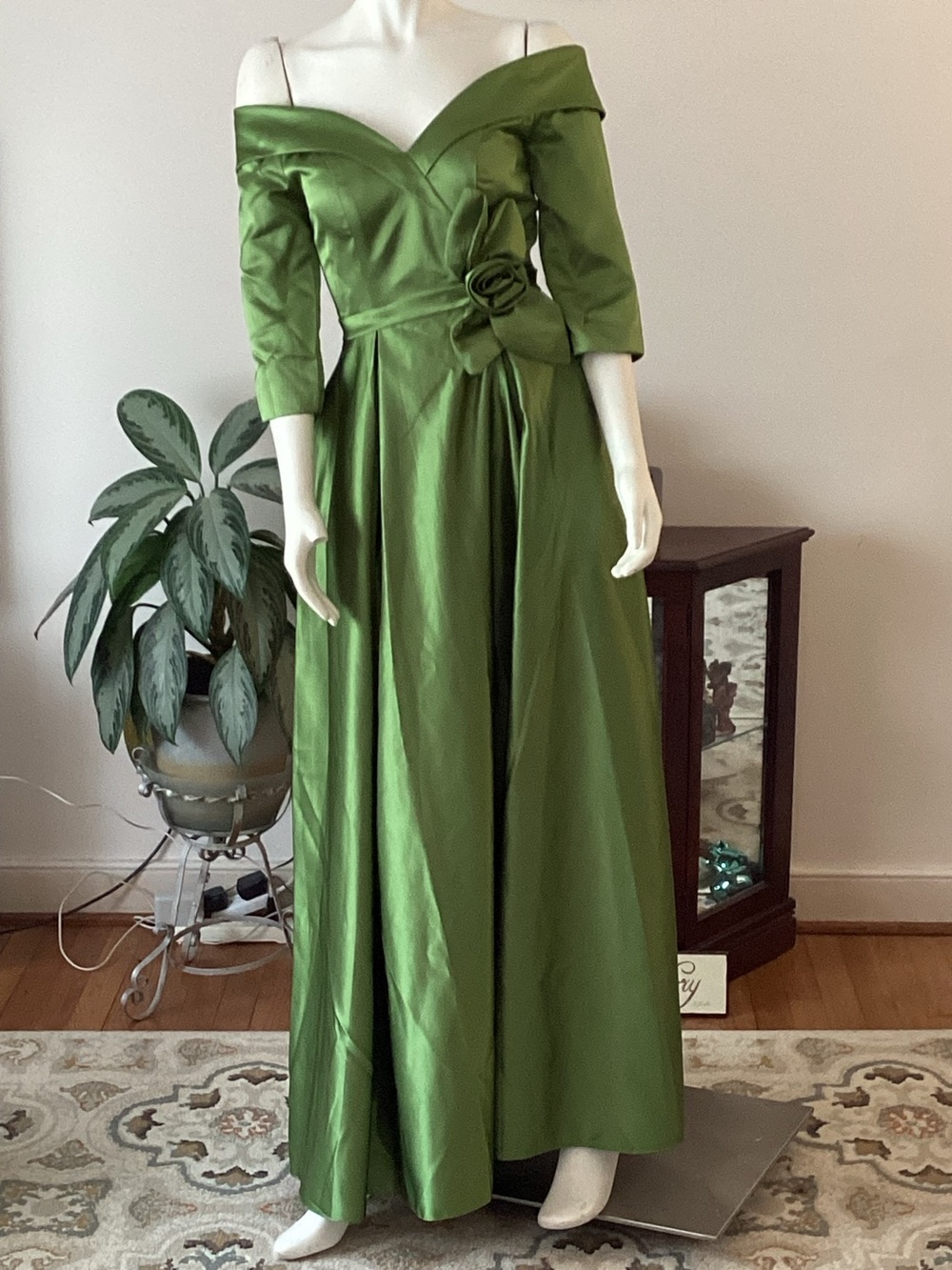 Green Satin Evening Gown Off-Shoulder